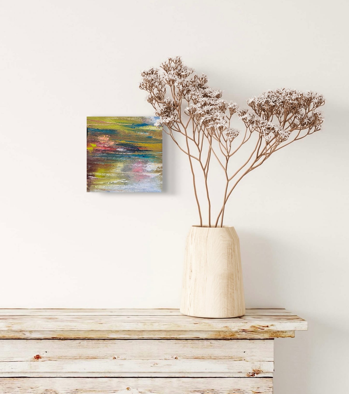 Abstract expressionism oil painting of a seascape at sunset, inspired by The Little Mermaid and a love for water, by artist Chelsea Tikotsky. This contemporary artwork features lush greens, bold pinks, and deep blues, with flowing, expressive strokes that capture the vibrancy and allure of the ocean at dusk. Perfect for art collectors or as a unique home decor piece, this seascape painting adds a touch of whimsy, coastal charm, and dynamic color to any interior space.