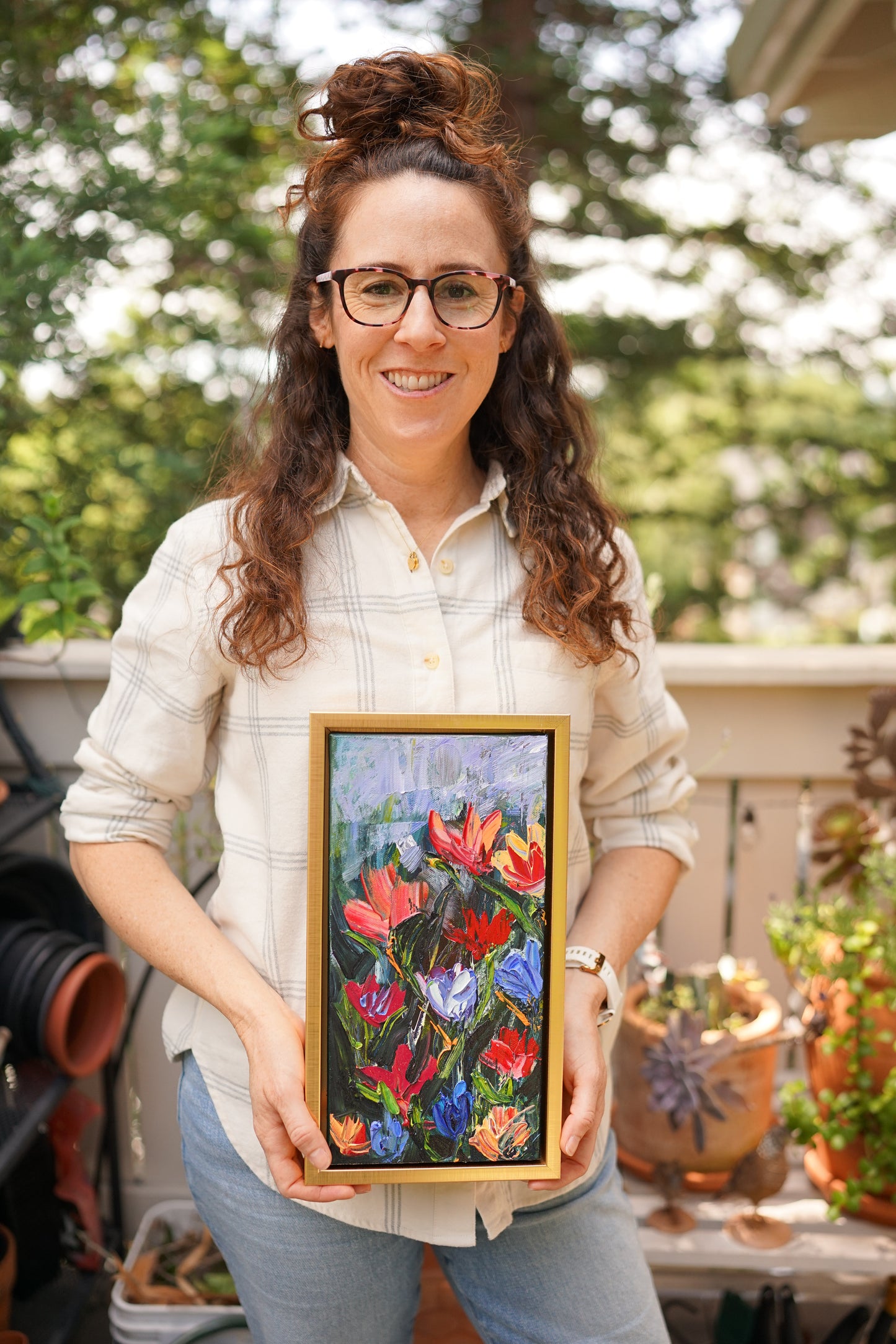 Abstract expressionism oil painting of vibrant botanicals by artist Chelsea Tikotsky. This contemporary artwork features loose, painterly strokes with a blend of rich, bold colors, creating a romantic feel. Inspired by nature & florals, this petite botanical piece offers texture, movement, & depth, perfect for home decor or art collectors seeking unique abstract art. Ideal for a living room, this statement piece brings warmth, elegance, & a refreshing botanical essence into any interior design