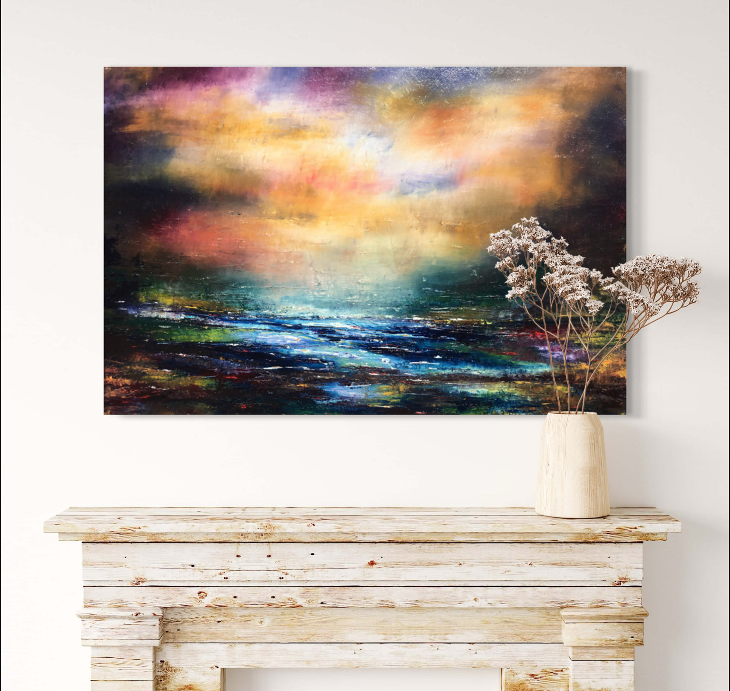 Abstract expressionism oil painting by artist Chelsea Tikotsky. This large, textured landscape captures a dramatic sunset over dark waters, with rich blues, emeralds, & fiery oranges. The glowing reflection dances across the bay or river, with distant trees or mountains adding depth. Bold brushstrokes & thick layers of paint evoke the powerful energy of a sunsetting scene. Perfect for art collectors or as a striking centerpiece, this vibrant yet moody landscape brings mystery & tranquility to any interior.