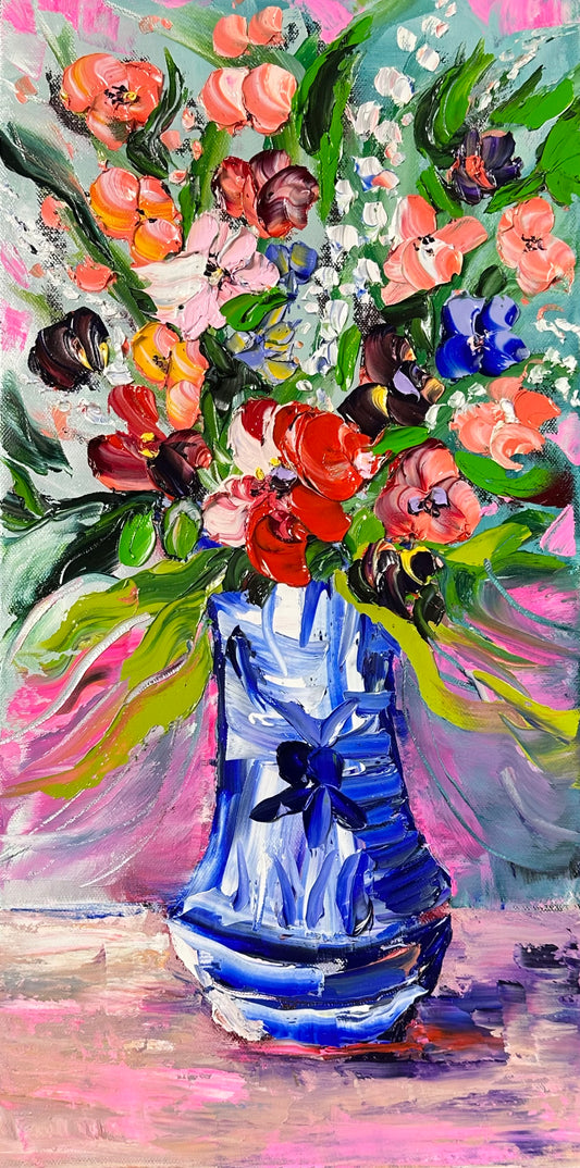 Abstract expressionism oil painting of vibrant botanicals by artist Chelsea Tikotsky. This contemporary artwork features loose, painterly strokes with a blend of soft pastels & rich, bold colors, creating a romantic feel. Inspired by nature & florals, this petite botanical piece offers texture, movement, & depth, perfect for home decor or art collectors seeking unique abstract art. Statement piece brings warmth, elegance, & a refreshing botanical essence into any interior design