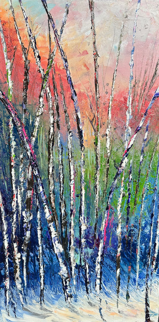 Abstract expressionism oil painting of birch trees in snow by artist Chelsea Tikotsky. This modern, painterly artwork features slender birch trunks set against a soft, snowy background, with expressive strokes and a blend of cool tones and subtle colors, evoking a serene, winter landscape. Perfect for art collectors or as a unique home decor piece, this painting brings a calming, nature-inspired feel with a touch of elegance and seasonal warmth to any interior space.
