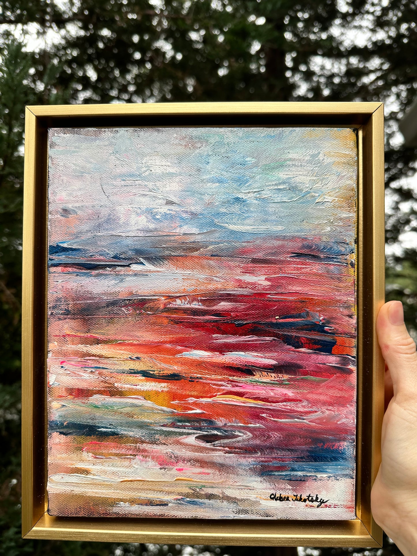Abstract expressionism oil painting of a seascape at sunset, inspired by The Little Mermaid and a deep love for water, by artist Chelsea Tikotsky. This contemporary artwork features bold, vibrant colors in rich blues, fiery pinks, and shimmering golds, with expressive, flowing brushstrokes capturing the energy and mystery of the ocean at dusk. Ideal for art collectors or as a striking statement piece in home decor, this seascape brings a sense of whimsy, passion, and coastal beauty into any interior space.
