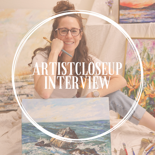Chelsea holding a paintbrush surrounded by her abstract landscape paintings, featured in her Artist Close-Up interview by Adele Kotze. PBS KVIE Art Auction Winner.