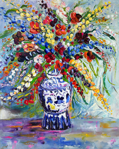 Abstract expressionism oil painting of vibrant botanicals by artist Chelsea Tikotsky. This contemporary artwork features loose, painterly strokes with a blend of soft pastels & rich, bold colors, creating a romantic feel. Inspired by nature & florals, this large botanical piece offers texture, movement, & depth, perfect for home decor or art collectors seeking unique abstract art. Ideal for a living room, this statement piece brings warmth, elegance, & a refreshing botanical essence into any interior design