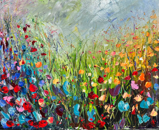 Abstract expressionism oil painting of fields of flowers by artist Chelsea Tikotsky. This contemporary piece features loose, painterly strokes with soft & rich, bold colors, creating a romantic feel. Inspired by nature & floral landscapes, this large piece offers texture, movement, & depth, perfect for home decor or art collectors seeking unique abstract art. Ideal for a living room or bedroom space, this statement piece brings warmth, elegance, & a refreshing botanical essence into any interior design.