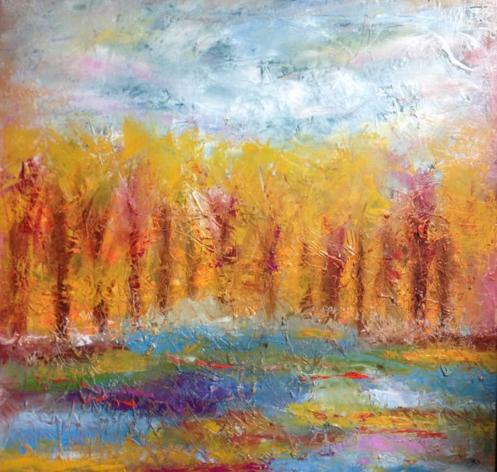 Medium abstract expressionism oil painting by Chelsea Tikotsky, showcasing vibrant fall colors with a blue sky and scenes of trees. The painting features rich oranges, golds, and ambers, with loose, painterly brushstrokes and plenty of texture that create dynamic movement and depth. This textured landscape captures the warmth and energy of autumn, making it a perfect addition for nature lovers or art collectors seeking a bold yet serene fall-inspired piece for their home or collection.