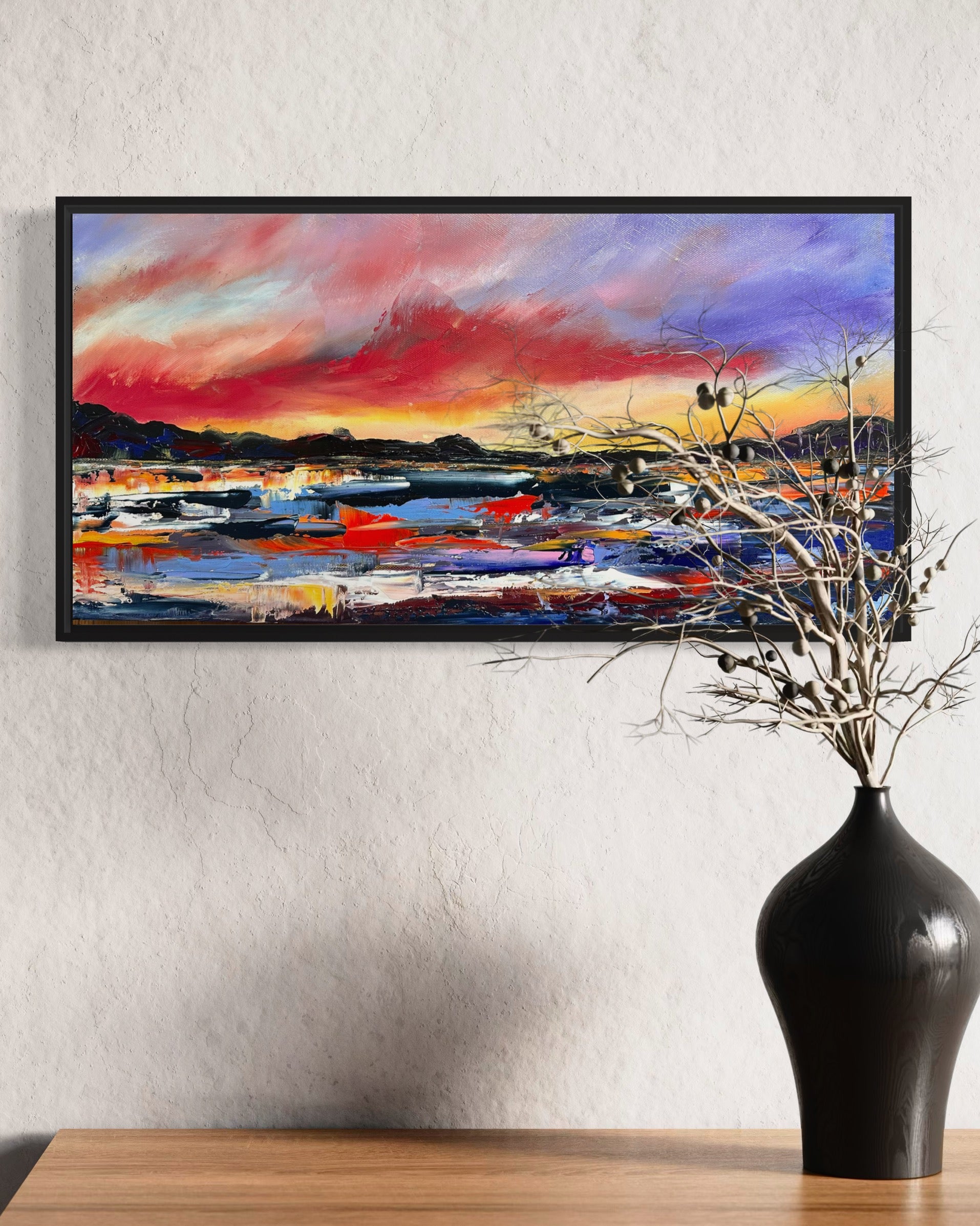 Abstract expressionism oil painting by Chelsea Tikotsky, inspired by vibrant sunsets over Lake Tahoe. This textured landscape features rich blues and oranges, with mountains reflecting in the water. Bold brushstrokes and thick layers create dynamic movement, evoking the energy and calmness of lake life. Perfect for mountain lovers and nature enthusiasts, this piece captures the beauty and tranquility of Lake Tahoe, making it a stunning addition to any home or art collection.