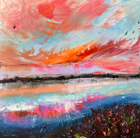 Small abstract expressionism oil painting by artist Chelsea Tikotsky. This vibrant landscape captures a water scene at sunset, with bold hot pinks, deep blues, and earthy land tones. The sunset casts a radiant glow over the scene, with expressive brushstrokes and layered textures adding movement and depth. Perfect for art collectors or as a lively accent piece, this painting brings warmth, color, and a fresh, modern feel to any space.