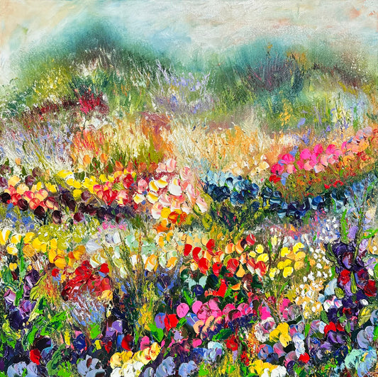 Abstract expressionism oil painting of fields of flowers by artist Chelsea Tikotsky. This contemporary piece features loose, painterly strokes with soft & rich, bold colors, creating a romantic feel. Inspired by nature & floral landscapes, this large piece offers texture, movement, & depth, perfect for home decor or art collectors seeking unique abstract art. Ideal for a living room or bedroom space, this statement piece brings warmth, elegance, & a refreshing botanical essence into any interior design.