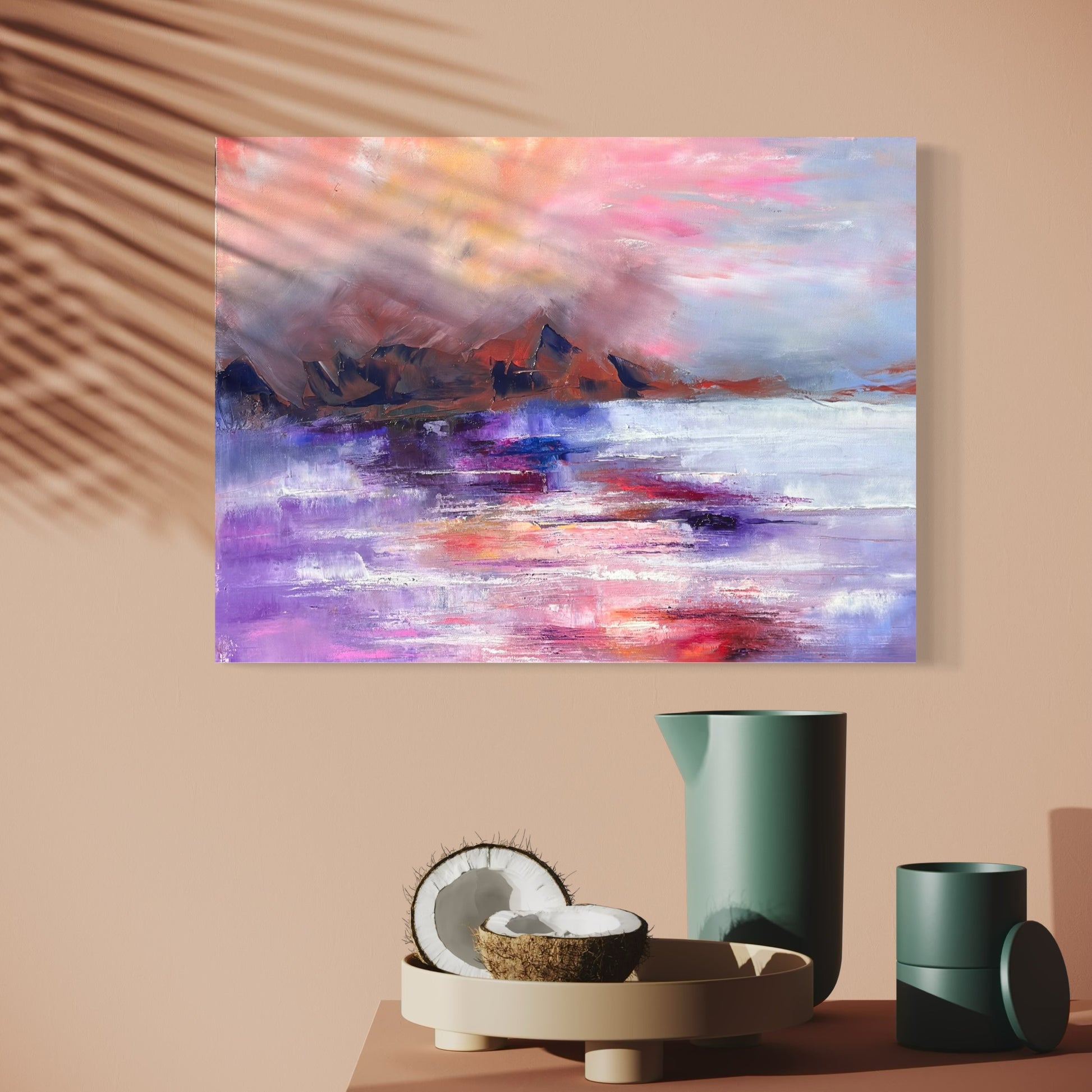 Small modern abstract expressionism oil painting by Chelsea Tikotsky, featuring a mountain with water and fog rolling in. Soft blush pinks & purples blend with subtle fog, creating a romantic and tranquil atmosphere. The contemporary textured landscape evokes serenity & mystery, making it a perfect addition for nature lovers, art collectors, or anyone seeking calming, dreamlike art to enhance their home decor or modern art collection. Ideal for spaces looking to add a touch of elegance & peaceful energy.