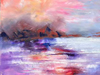 Small modern abstract expressionism oil painting by Chelsea Tikotsky, featuring a mountain with water and fog rolling in. Soft blush pinks & purples blend with subtle fog, creating a romantic and tranquil atmosphere. The contemporary textured landscape evokes serenity & mystery, making it a perfect addition for nature lovers, art collectors, or anyone seeking calming, dreamlike art to enhance their home decor or modern art collection. Ideal for spaces looking to add a touch of elegance & peaceful energy.