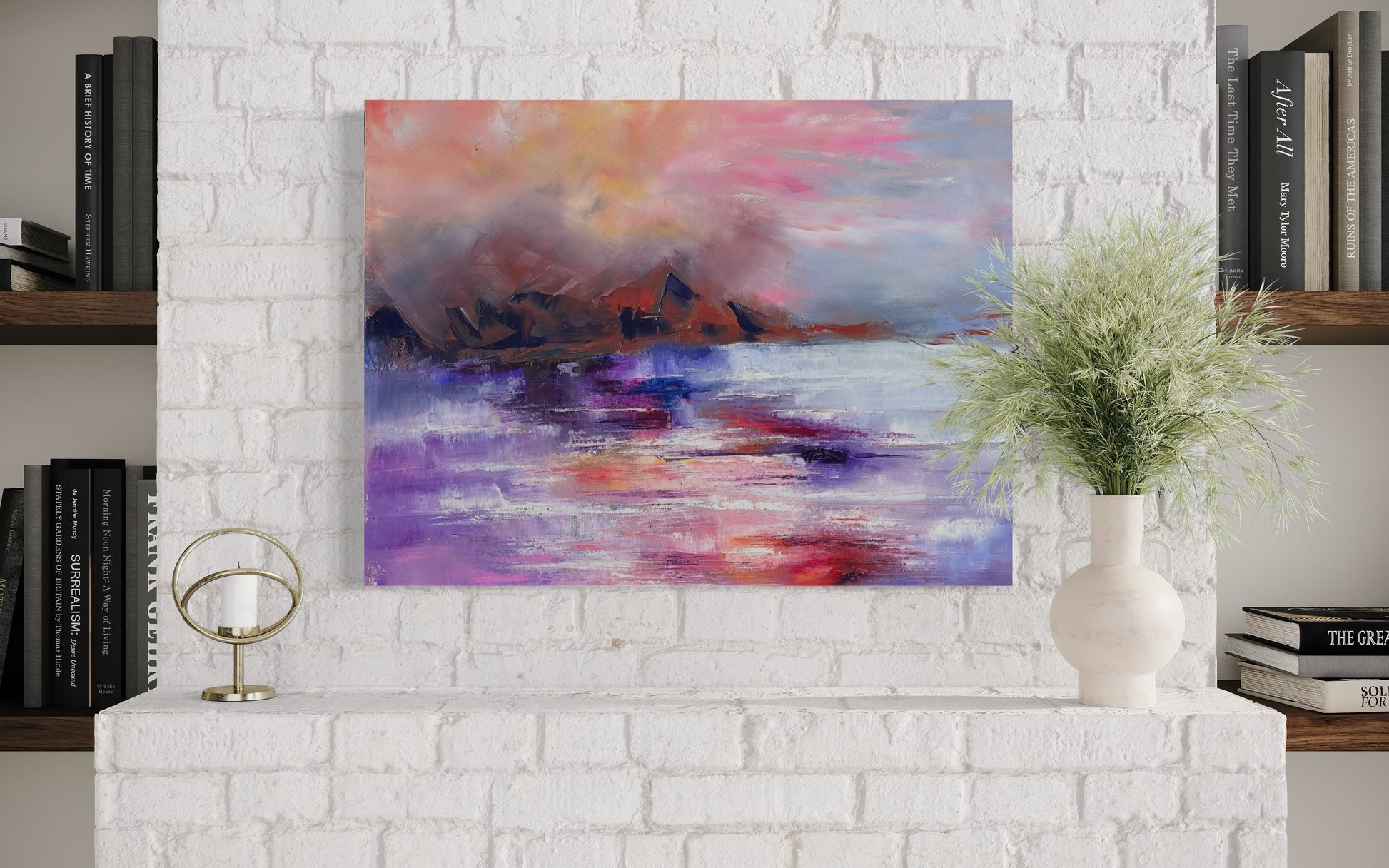 Small modern abstract expressionism oil painting by Chelsea Tikotsky, featuring a mountain with water and fog rolling in. Soft blush pinks & purples blend with subtle fog, creating a romantic and tranquil atmosphere. The contemporary textured landscape evokes serenity & mystery, making it a perfect addition for nature lovers, art collectors, or anyone seeking calming, dreamlike art to enhance their home decor or modern art collection. Ideal for spaces looking to add a touch of elegance & peaceful energy.