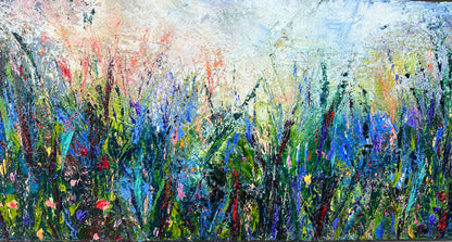 Abstract expressionism oil painting of fields of flowers by artist Chelsea Tikotsky. This contemporary piece features loose, painterly strokes with soft & rich, bold colors, creating a romantic feel. Inspired by nature & floral landscapes, this piece offers texture, movement, & depth, perfect for home decor or art collectors seeking unique abstract art. Ideal for a living room or bedroom space, this statement piece brings warmth, elegance, & a refreshing botanical essence into any interior design.