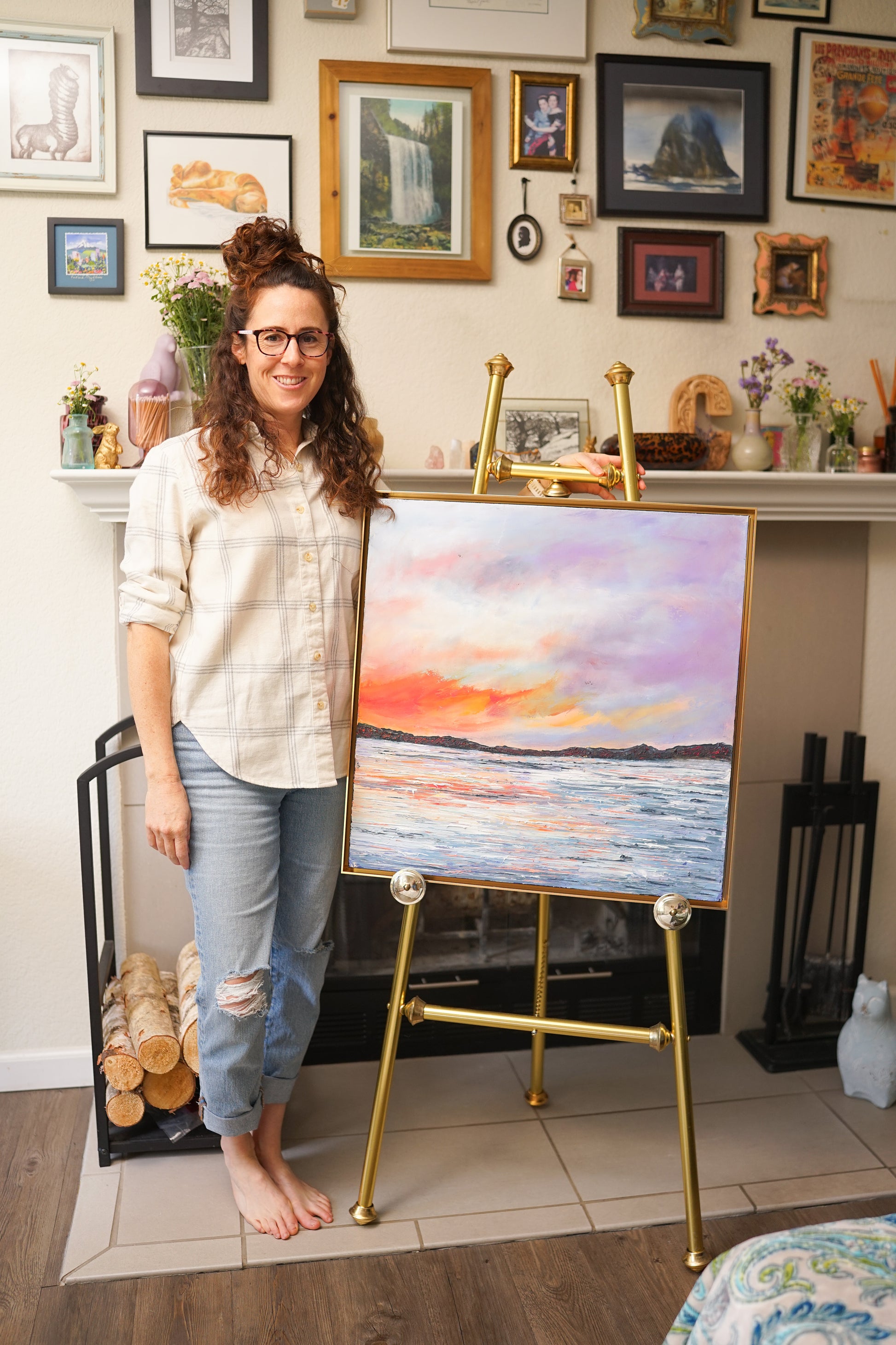 Large abstract expressionism oil painting by Chelsea Tikotsky, inspired by a serene sunset over Lake Tahoe. This textured landscape features soft light blues, oranges, pinks, and purples, with bold brushstrokes creating depth and movement. The tranquil scene captures the calm beauty of lake life, making it a perfect addition for nature lovers or anyone seeking a peaceful, vibrant sunset piece to enhance their home or art collection.