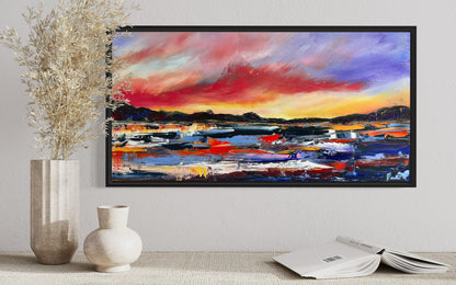 Abstract expressionism oil painting by Chelsea Tikotsky, inspired by vibrant sunsets over Lake Tahoe. This textured landscape features rich blues and oranges, with mountains reflecting in the water. Bold brushstrokes and thick layers create dynamic movement, evoking the energy and calmness of lake life. Perfect for mountain lovers and nature enthusiasts, this piece captures the beauty and tranquility of Lake Tahoe, making it a stunning addition to any home or art collection.