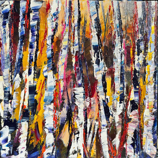Abstract expressionism oil painting of small, colorful birch trees by artist Chelsea Tikotsky. This modern contemporary artwork features vibrant, painterly strokes with a blend of bold colors and soft pastels, capturing the essence of birch trees in a whimsical, impressionistic style. With rich texture and lively movement, this piece is perfect for art collectors or as a unique accent in home decor, adding warmth, charm, and a touch of nature-inspired color to any interior space.