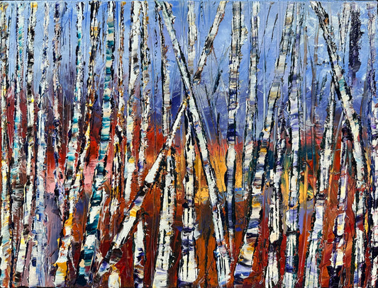 Abstract expressionism oil painting of small, colorful birch trees by artist Chelsea Tikotsky. This modern contemporary artwork features vibrant, painterly strokes with a blend of bold colors and soft pastels, capturing the essence of birch trees in a whimsical, impressionistic style. With rich texture and lively movement, this piece is perfect for art collectors or as a unique accent in home decor, adding warmth, charm, and a touch of nature-inspired color to any interior space.