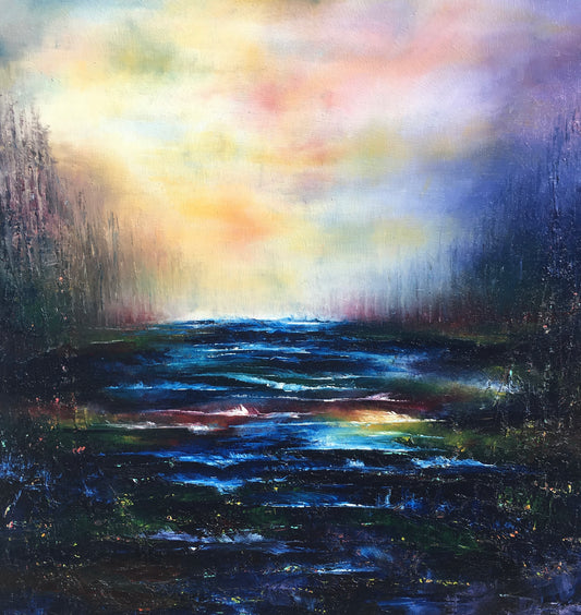 Blue Basin, original contemporary landscape painting by Chelsea Tikotsky featuring deep blue water flowing through a dark landscape beneath a luminous lavender, gold, and blue sky.