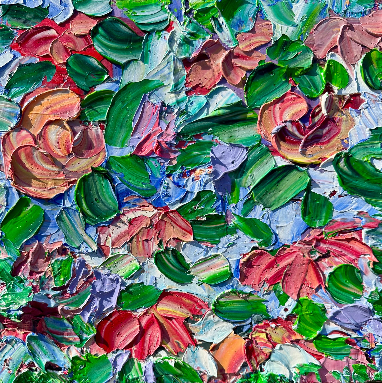 Blush and Green, original contemporary floral painting by Chelsea Tikotsky featuring vibrant pink, blush, lavender, blue, and green flowers and leaves in richly textured palette-knife paint.