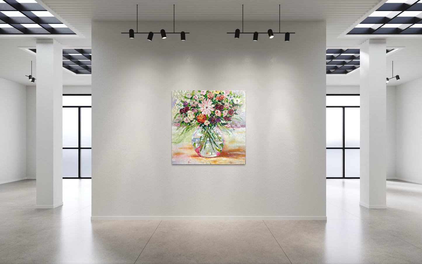 Blushing Beauty, original contemporary floral oil painting by Chelsea Tikotsky featuring a vibrant bouquet of pink, white, coral, orange, and purple flowers in a glass vase