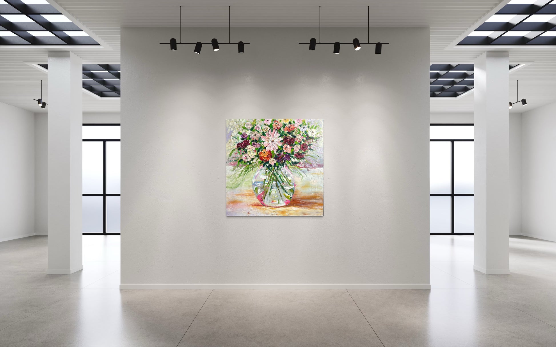 Blushing Beauty, original contemporary floral oil painting by Chelsea Tikotsky featuring a vibrant bouquet of pink, white, coral, orange, and purple flowers in a glass vase