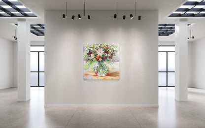Blushing Beauty, original contemporary floral oil painting by Chelsea Tikotsky featuring a vibrant bouquet of pink, white, coral, orange, and purple flowers in a glass vase