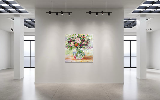 Blushing Beauty, original contemporary floral oil painting by Chelsea Tikotsky featuring a vibrant bouquet of pink, white, coral, orange, and purple flowers in a glass vase