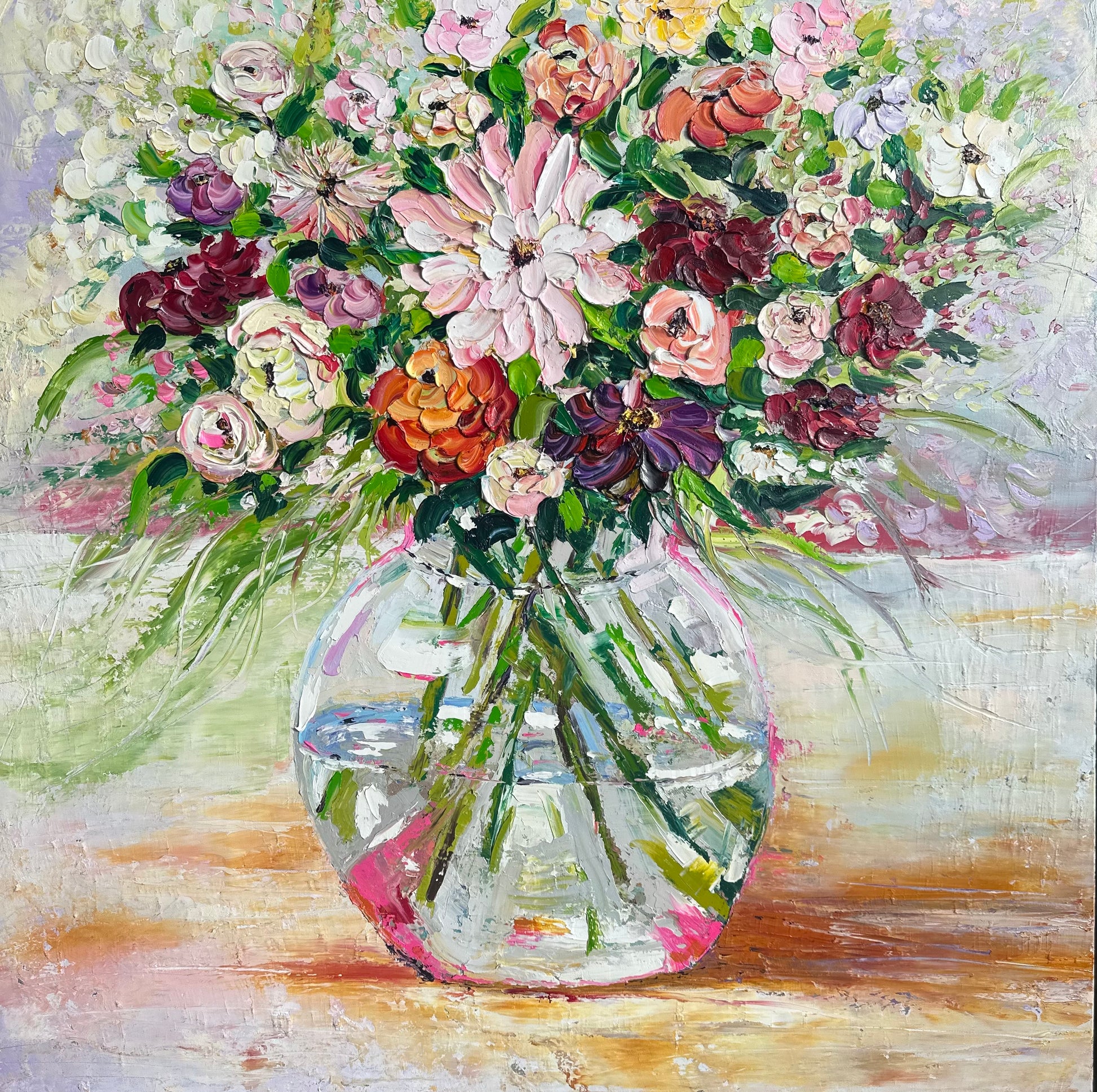 Blushing Beauty, original contemporary floral oil painting by Chelsea Tikotsky featuring a vibrant bouquet of pink, white, coral, orange, and purple flowers in a glass vase