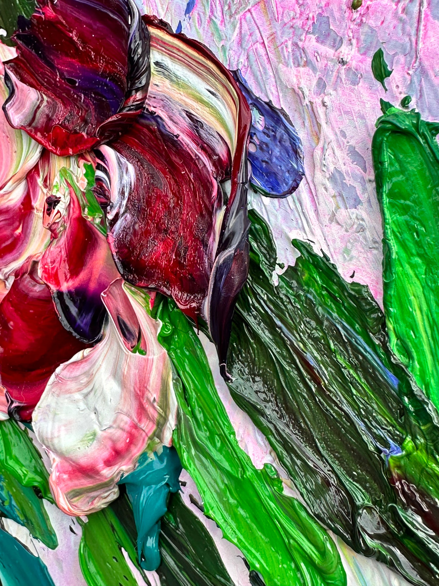 Manifestation Blooms, original contemporary floral painting by Chelsea Tikotsky featuring an abundant multicolored bouquet in a blue vase with richly textured palette-knife paint.