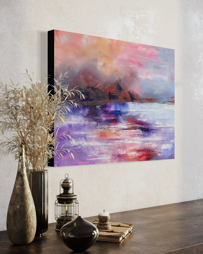 Small modern abstract expressionism oil painting by Chelsea Tikotsky, featuring a mountain with water and fog rolling in. Soft blush pinks & purples blend with subtle fog, creating a romantic and tranquil atmosphere. The contemporary textured landscape evokes serenity & mystery, making it a perfect addition for nature lovers, art collectors, or anyone seeking calming, dreamlike art to enhance their home decor or modern art collection. Ideal for spaces looking to add a touch of elegance & peaceful energy.