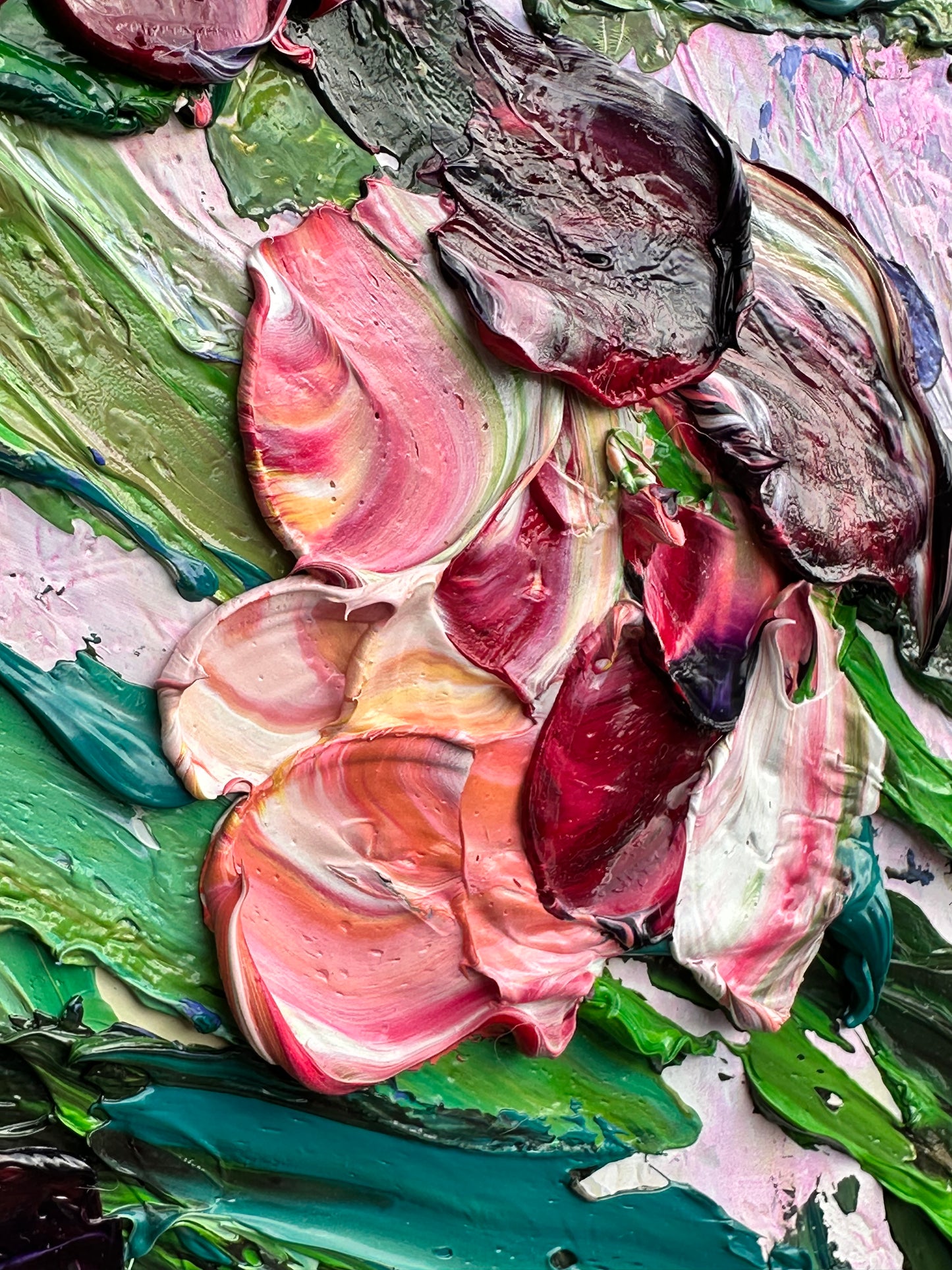 Manifestation Blooms, original contemporary floral painting by Chelsea Tikotsky featuring an abundant multicolored bouquet in a blue vase with richly textured palette-knife paint.