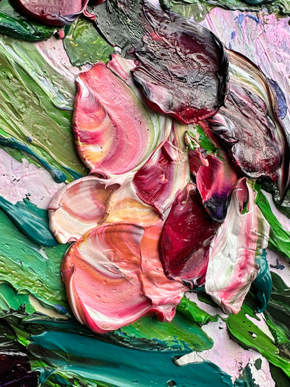 Manifestation Blooms, original contemporary floral painting by Chelsea Tikotsky featuring an abundant multicolored bouquet in a blue vase with richly textured palette-knife paint.