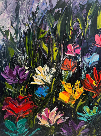 Field of Flowers, original contemporary floral painting by Chelsea Tikotsky featuring vibrant pink, red, orange, blue, purple, and white flowers emerging from richly textured green foliage.