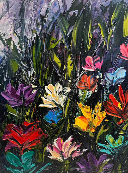 Field of Flowers, original contemporary floral painting by Chelsea Tikotsky featuring vibrant pink, red, orange, blue, purple, and white flowers emerging from richly textured green foliage.