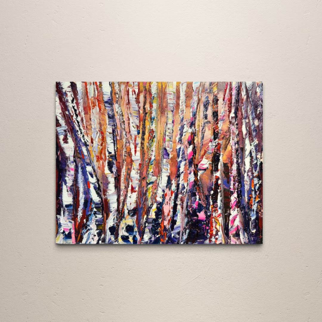 Golden Symphony, original contemporary birch forest landscape painting by Chelsea Tikotsky featuring richly textured birch trees in warm gold, blush, white, blue, and violet tones.