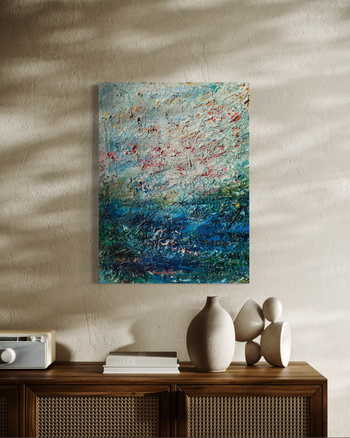 Original blue seascape oil painting Neptune by Chelsea Tikotsky