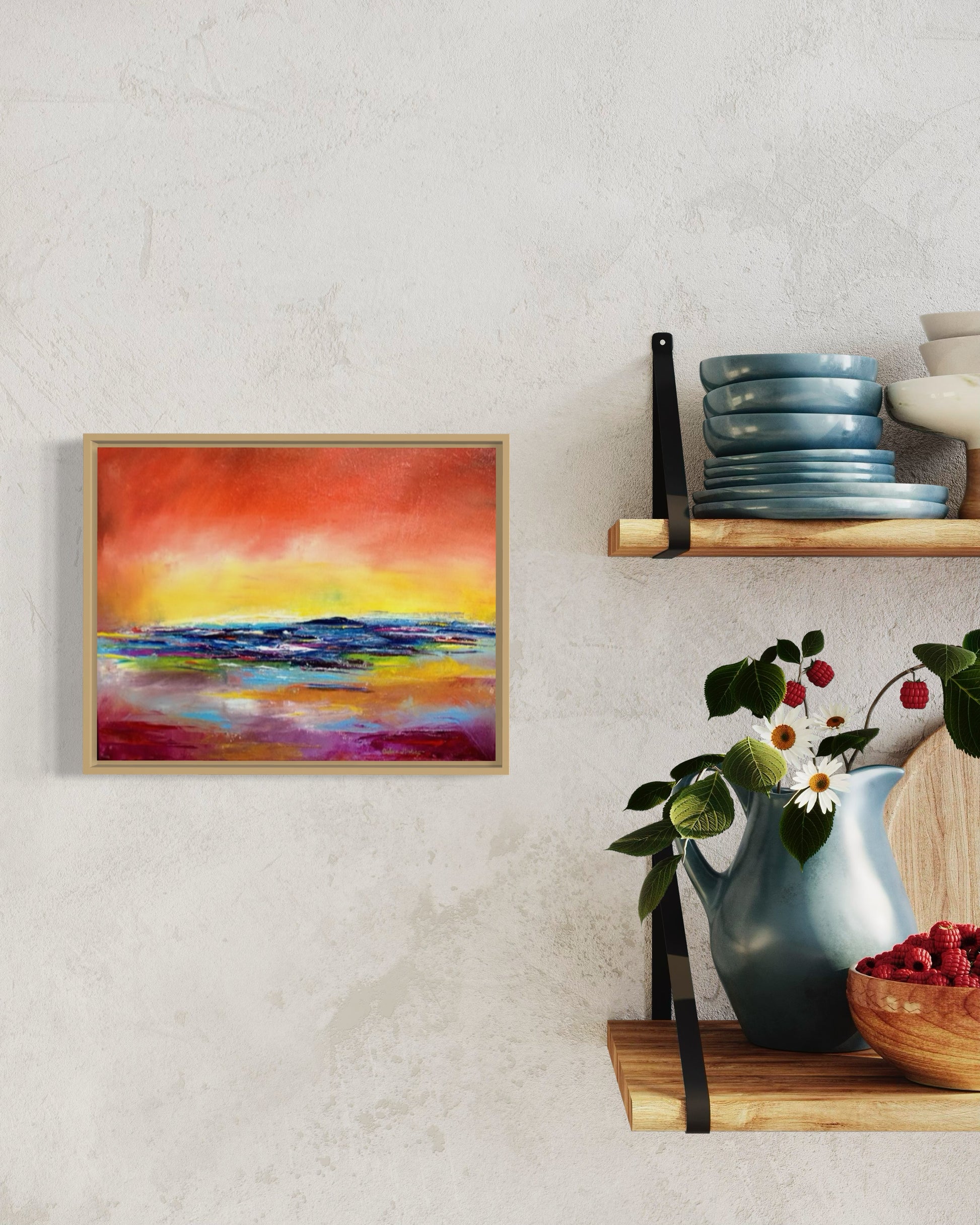 Abstract expressionism oil painting of a sunset reflecting on water, by artist Chelsea Tikotsky. This vibrant piece features bold reds, fiery yellows, and deep blues, with rich texture created through expressive brushstrokes and layering. The painting captures the dramatic glow of a setting sun as it reflects on the ocean, evoking warmth, movement, and serenity. Perfect for art collectors or as a striking accent in home decor, this textured sunset-inspired artwork adds energy and depth to any interior space