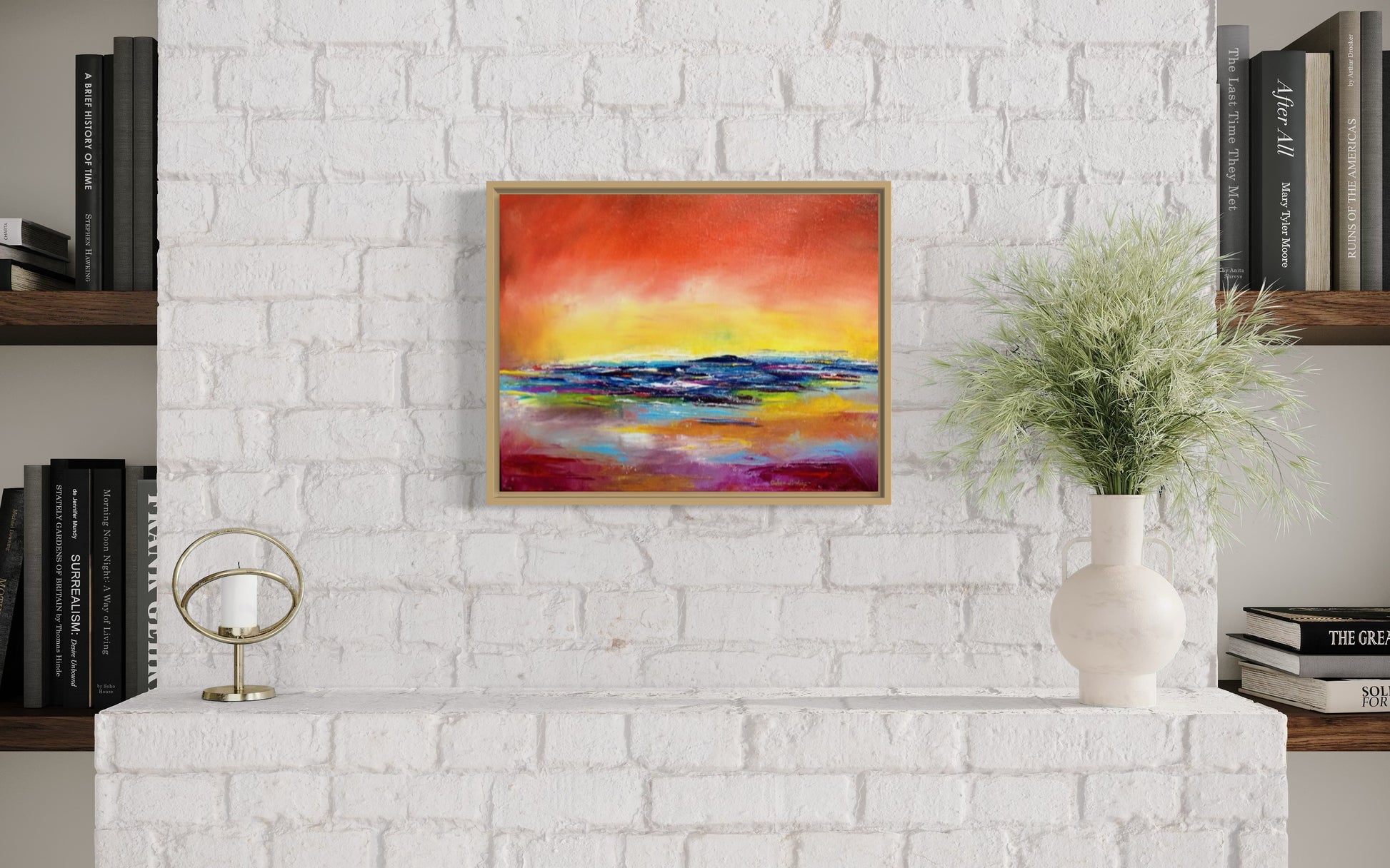 Abstract expressionism oil painting of a sunset reflecting on water, by artist Chelsea Tikotsky. This vibrant piece features bold reds, fiery yellows, and deep blues, with rich texture created through expressive brushstrokes and layering. The painting captures the dramatic glow of a setting sun as it reflects on the ocean, evoking warmth, movement, and serenity. Perfect for art collectors or as a striking accent in home decor, this textured sunset-inspired artwork adds energy and depth to any interior space