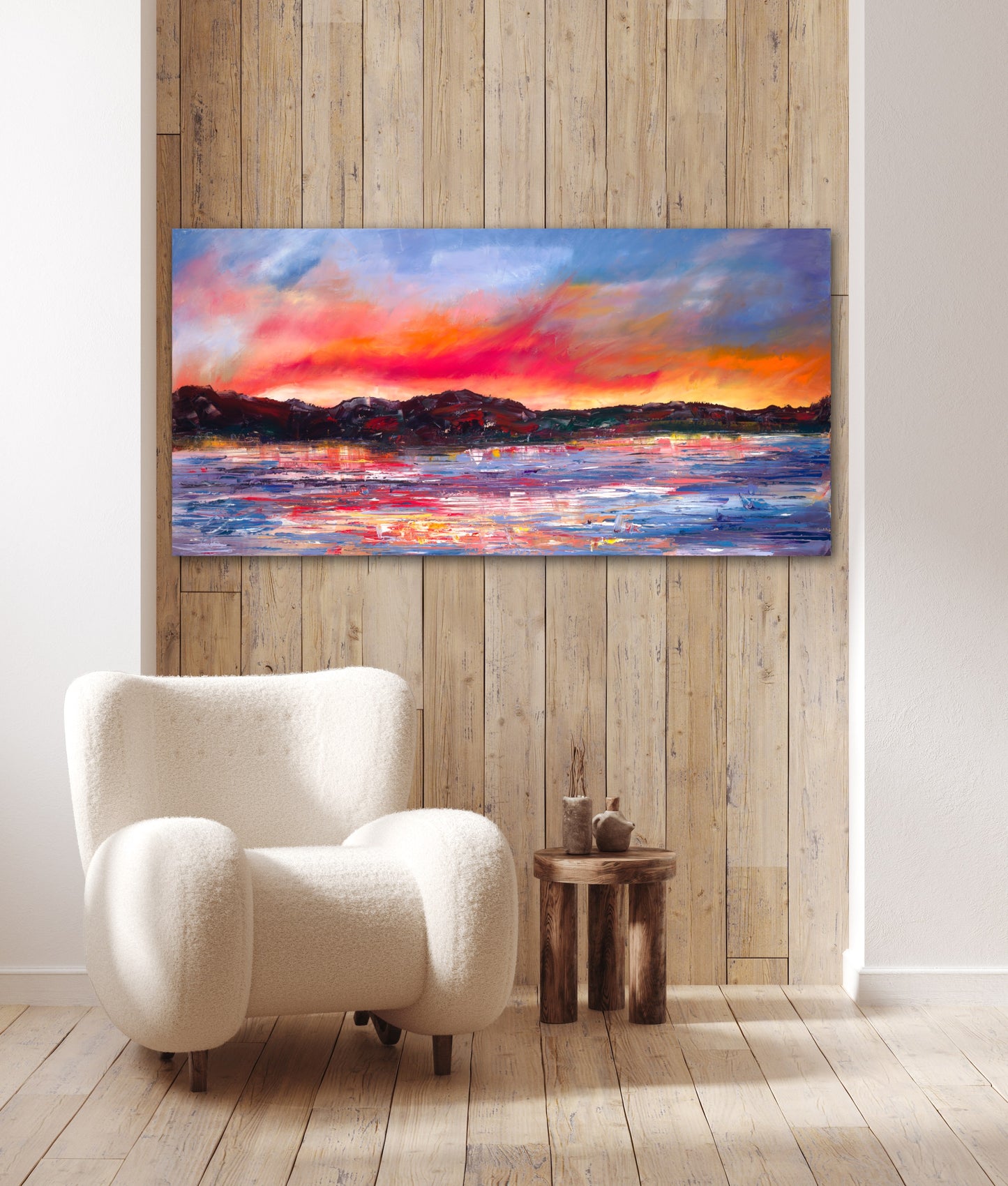 Large abstract expressionism oil painting by Chelsea Tikotsky, inspired by vibrant sunsets over Lake Tahoe. This textured landscape features rich blues and oranges, with mountains reflecting in the water. Bold brushstrokes and thick layers create dynamic movement, evoking the energy and calmness of lake life. Perfect for mountain lovers and nature enthusiasts, this piece captures the beauty and tranquility of Lake Tahoe, making it a stunning addition to any home or art collection.