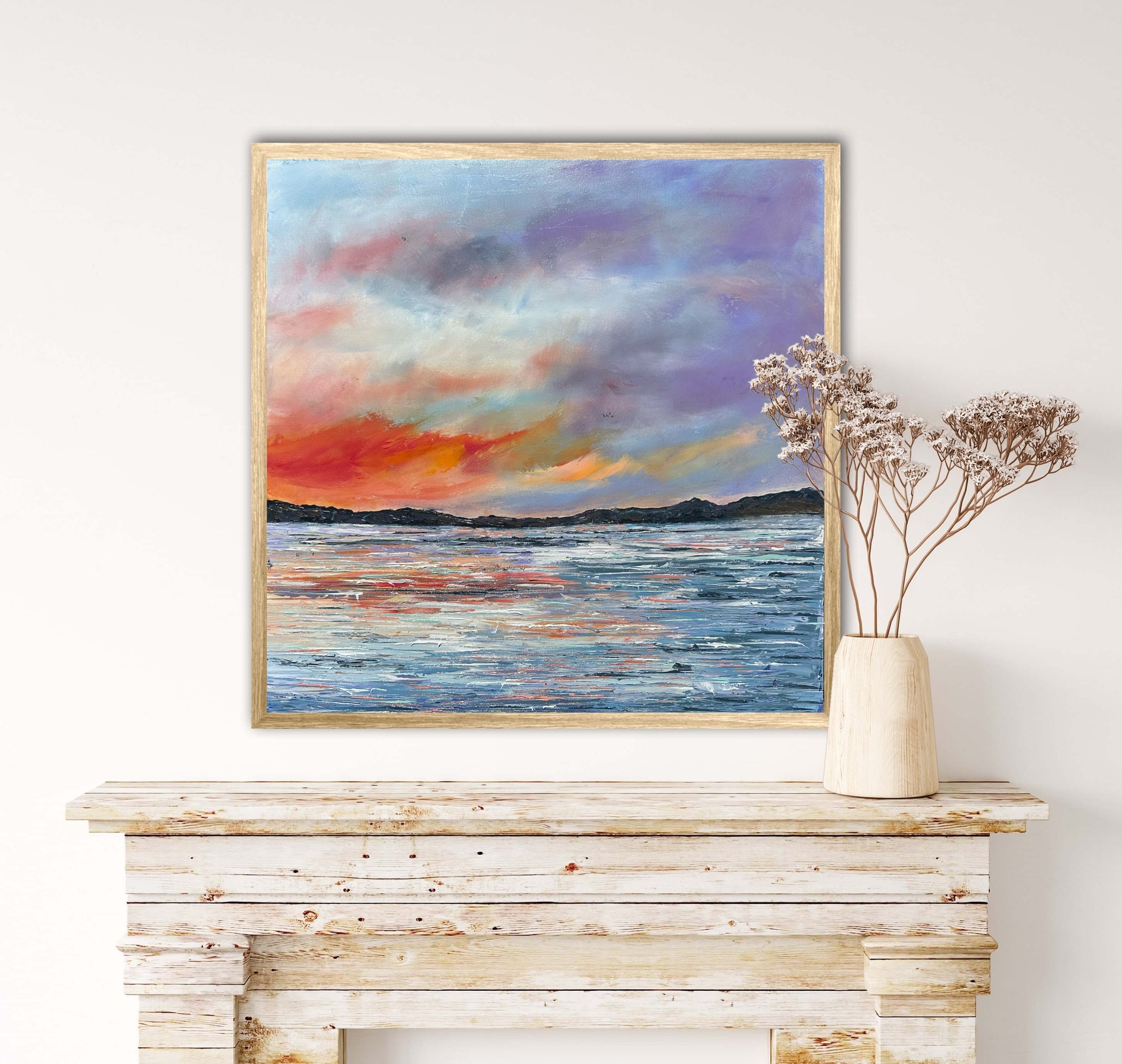 Large abstract expressionism oil painting by Chelsea Tikotsky, inspired by a serene sunset over Lake Tahoe. This textured landscape features soft light blues, oranges, pinks, and purples, with bold brushstrokes creating depth and movement. The tranquil scene captures the calm beauty of lake life, making it a perfect addition for nature lovers or anyone seeking a peaceful, vibrant sunset piece to enhance their home or art collection.