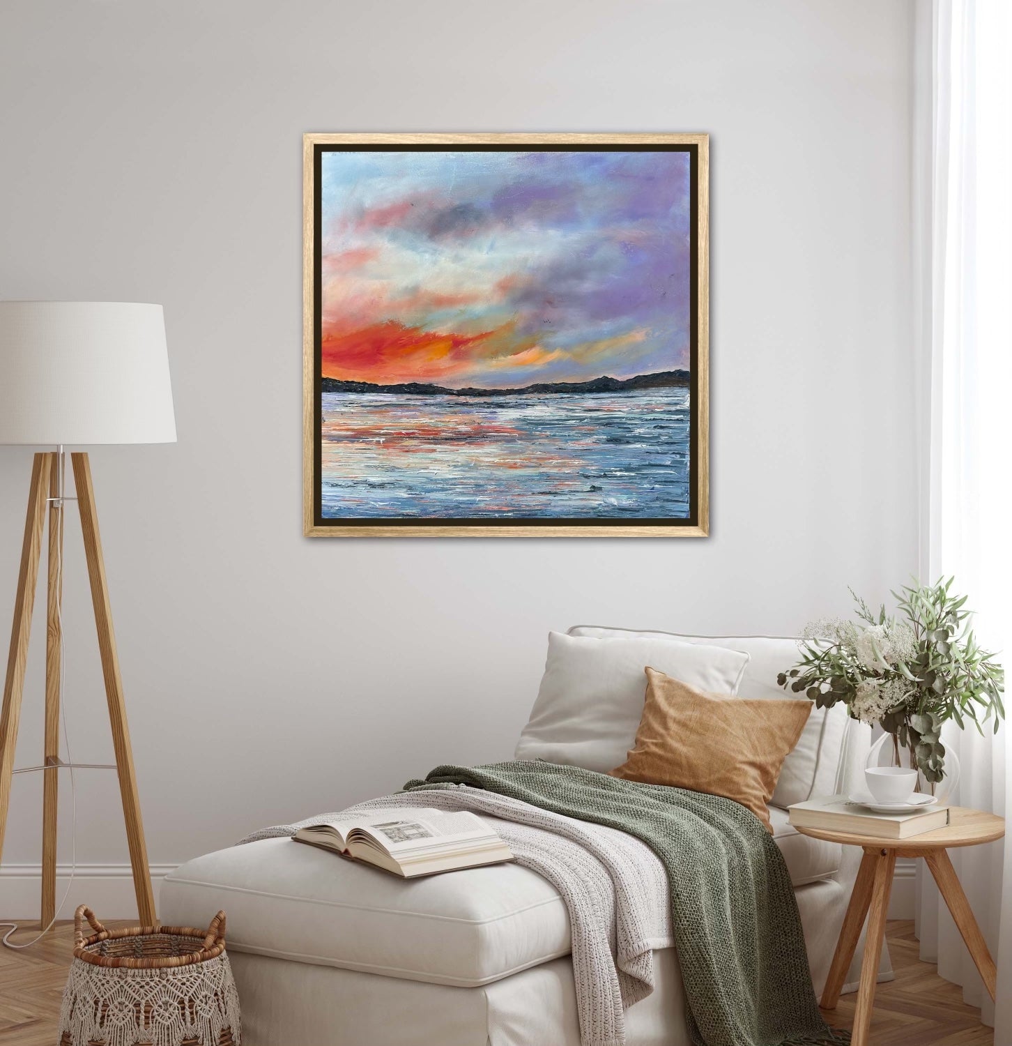 Large abstract expressionism oil painting by Chelsea Tikotsky, inspired by a serene sunset over Lake Tahoe. This textured landscape features soft light blues, oranges, pinks, and purples, with bold brushstrokes creating depth and movement. The tranquil scene captures the calm beauty of lake life, making it a perfect addition for nature lovers or anyone seeking a peaceful, vibrant sunset piece to enhance their home or art collection.