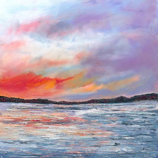 Kiva Beach, original contemporary landscape painting by Chelsea Tikotsky inspired by Lake Tahoe, featuring a vibrant sunset sky reflected across blue water with pink, coral, lavender, and blue tones.