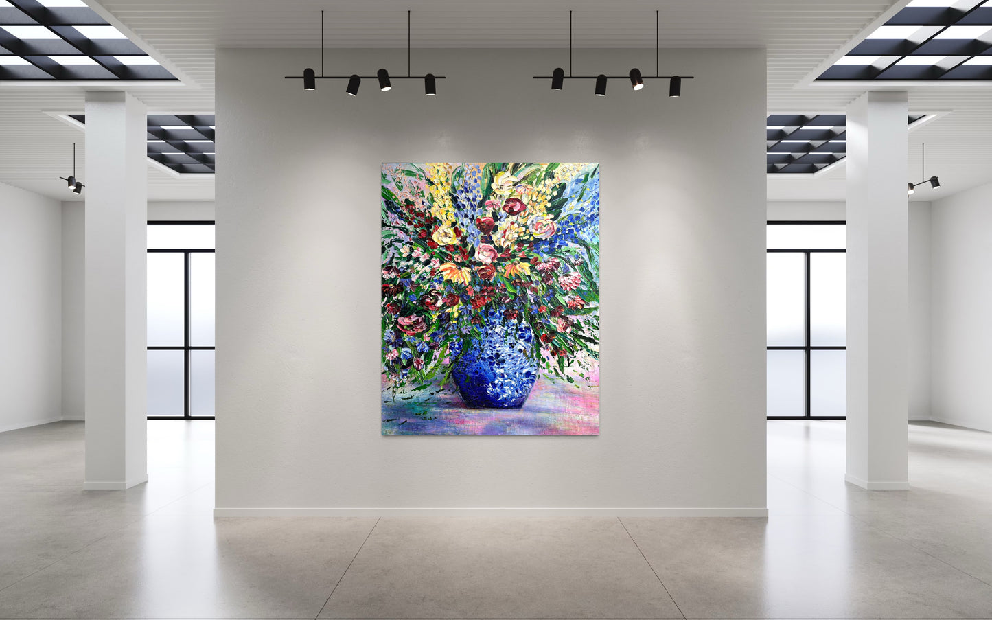 Manifestation Blooms, original contemporary floral painting by Chelsea Tikotsky featuring an abundant multicolored bouquet in a blue vase with richly textured palette-knife paint.
