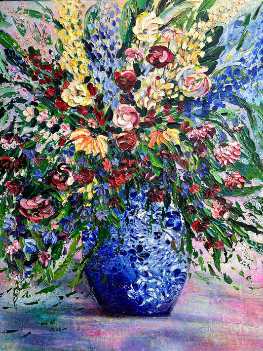 Manifestation Blooms, original contemporary floral painting by Chelsea Tikotsky featuring an abundant multicolored bouquet in a blue vase with richly textured palette-knife paint.