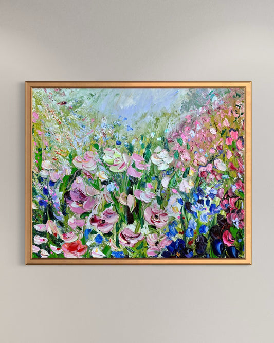 Meadow Tate, original contemporary botanical landscape painting by Chelsea Tikotsky featuring a lush field of pink, blue, white, and green flowers beneath a soft open sky with expressive palette-knife texture.