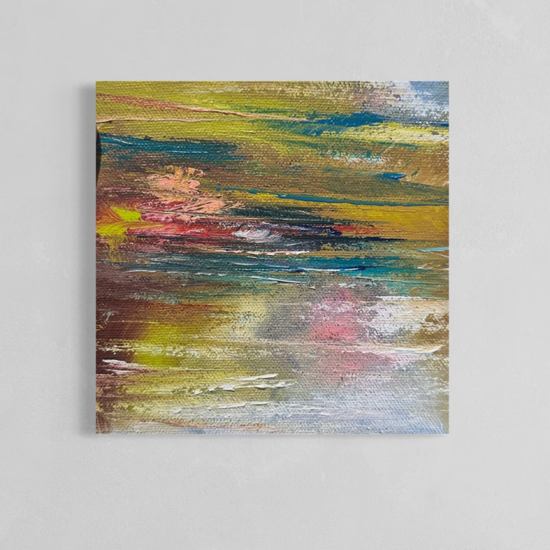 A small abstract oil painting on canvas with predominantly blue and green hues, featuring textured brush strokes.