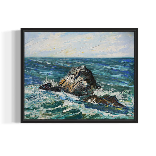 Morla, original contemporary seascape painting by Chelsea Tikotsky inspired by Highway 1 and the Cliff House in San Francisco, featuring powerful blue-green waves crashing around a rugged coastal rock.