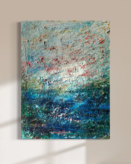 Seascape sunset painting with a gradient of colors on a beige wall