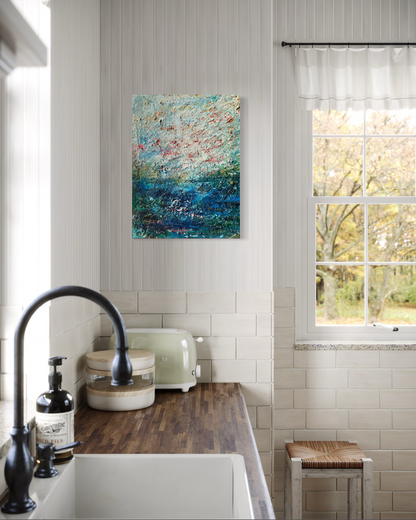 Modern kitchen with a colorful seascape/ ocean painting on the wall, black faucet, and window view.