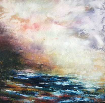 Opportune, original contemporary seascape painting by Chelsea Tikotsky featuring deep blue water beneath a luminous sky of soft blush, lavender, gold, and cream with richly textured palette-knife marks.